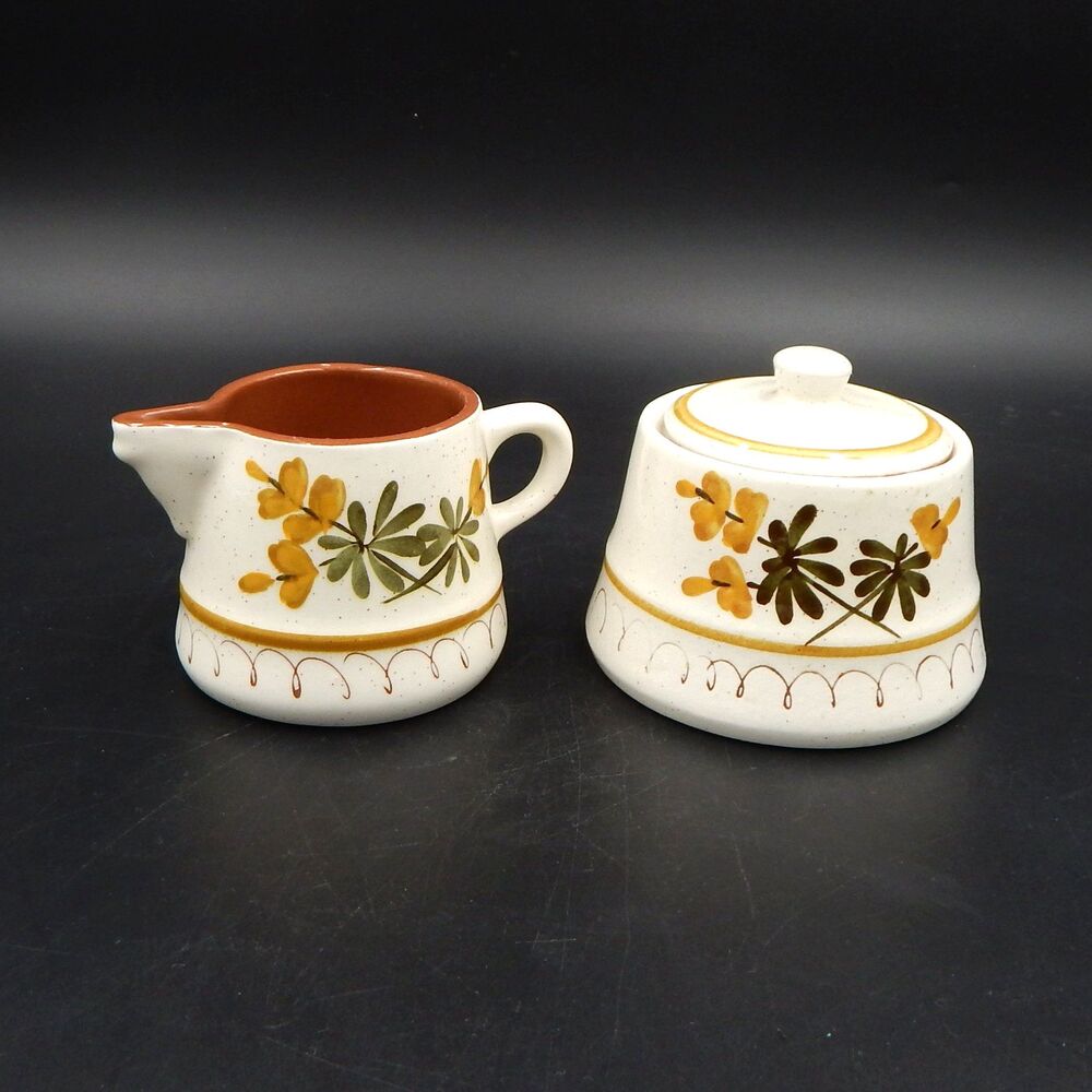 Stangl Pottery Golden Blossom Creamer Pitcher Sugar Set Handpainted Stoneware